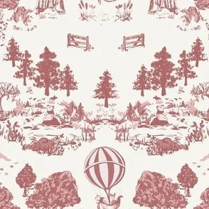 Peel and stick nursery wallpaper with Winnie the Pooh in Dusty Brick Red with woodland toile scenes and hot air balloons on a pale cream background,