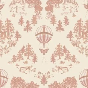 A terracotta and cream vintage toile design with detailed parkland and hot air balloon sprinkling stardust