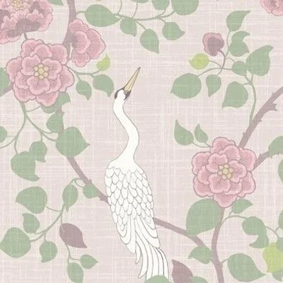 long neck white crane birds on pale pink with delicate pink florals and green leaves in a Victorian style design
