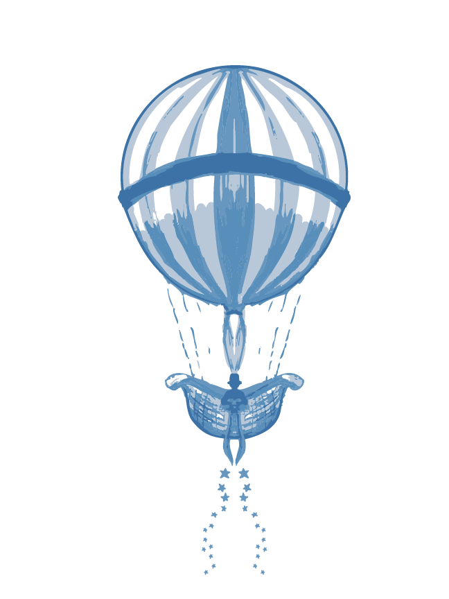 A stylized hot air balloon design, blue and white colors, floating downward with stars trailing below.
