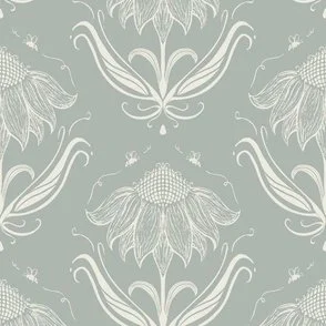 light yellow cream and pale raindance green sunflower with bees in a block print style design