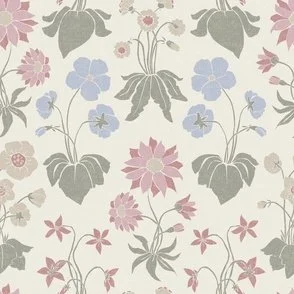 A dense pattern of hand-drawn floral elements in a variety of colors, including pink, yellow, and blue, set against a soft cream background. The design has a vintage feel with a textured appearance, evoking a calm and boho mood.