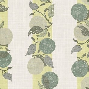 The pattern features vertical light blue stripes with hand-drawn limes branching against a soft, textured background. The palette includes muted yellows, blues, and greens, creating a calm and fresh atmosphere
