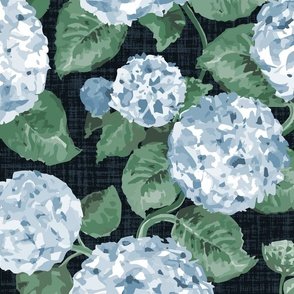 Large-scale hydrangea-style floral with full blooms and leaves fills the surface using soft blues, blue-greys, and cool neutrals on a black background that hints at a subtle linen texture; the look is dense, painterly, and calm yet dramatic.