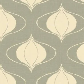 sage green olive and soft butter yellow vintage aged ogee onion shape textured wallpaper pattern