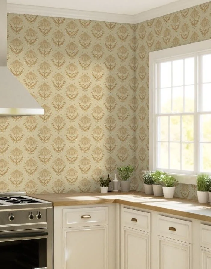 Buttery yellow traditional wallpaper with a repeating vintage floral print on kitchen walls; white cabinets, wood countertops, stainless steel range, and a row of potted herbs on the windowsill.