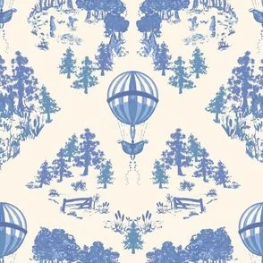 dark blue and cream vintage toile design with detailed parkland and hot air balloon sprinkling stardust