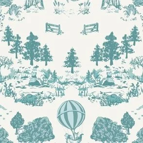 Peel and stick nursery wallpaper with Winnie the Pooh in Teal Jade Blue Green with woodland toile scenes and hot air balloons on a pale cream background,