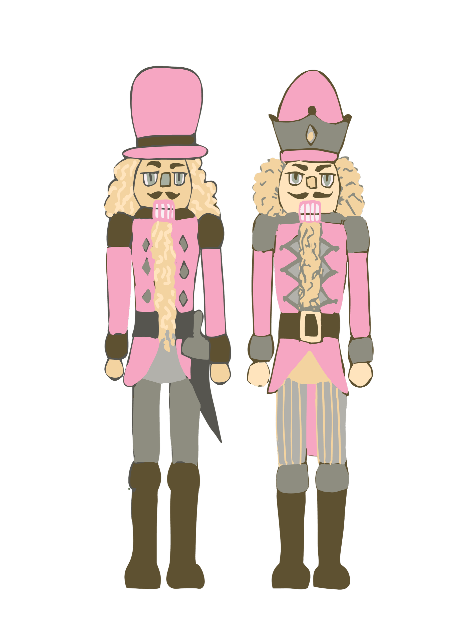 Illustration of two toy soldier nutcrackers in pink and gray military uniforms, with tall hats, curly blonde hair, and mustaches, standing side by side.