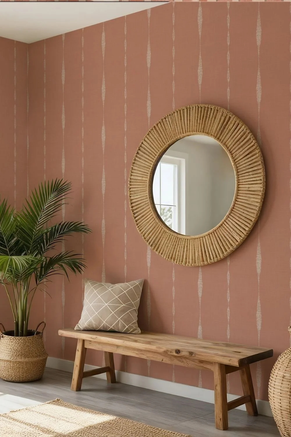 Terracotta peel and stick wallpaper with subtle vertical organic iKat inspired shapes and a textured linen effect in a bright entryway featuring a natural wood bench, woven rattan mirror, a potted palm, and neutral decor accents.