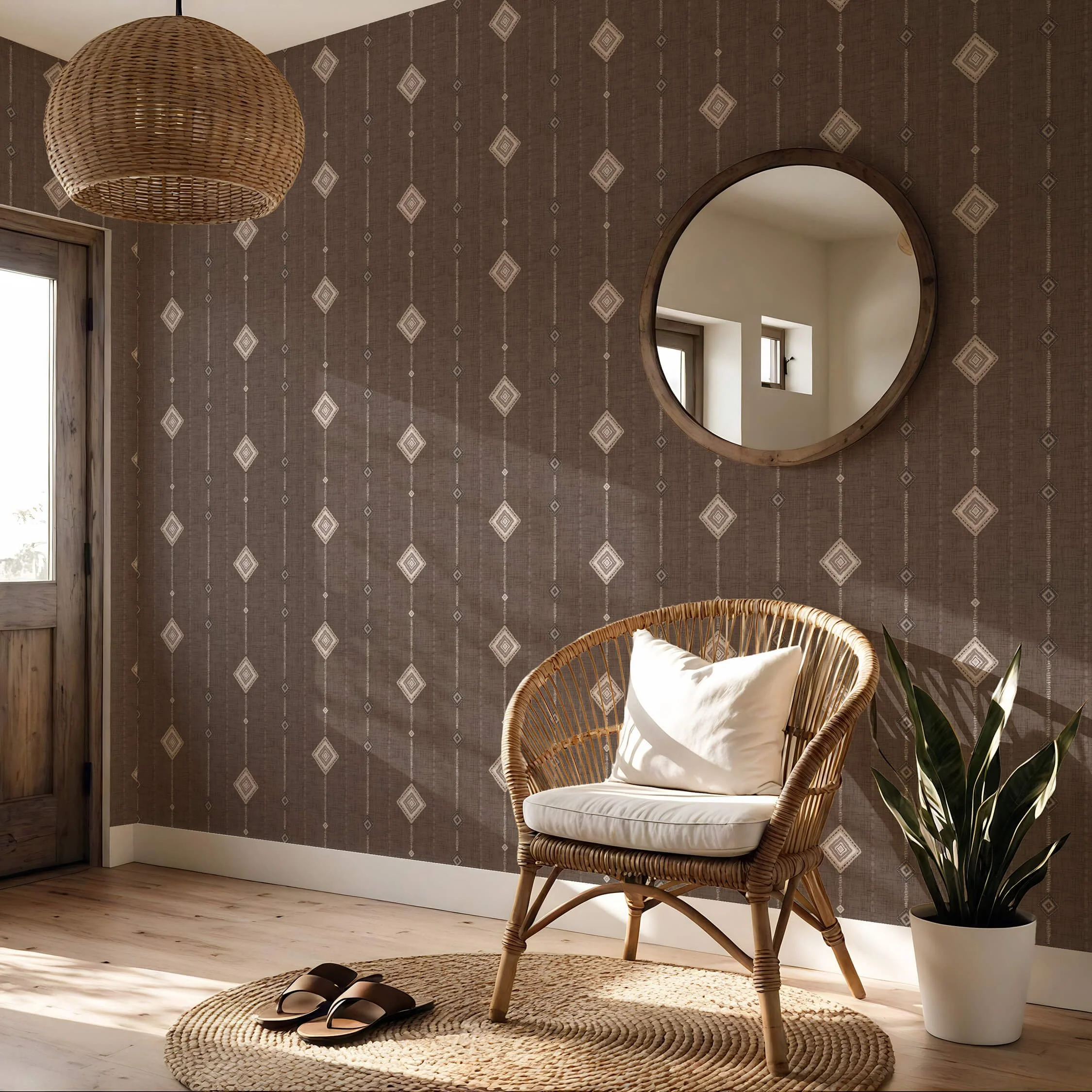 Wallpaper featuring a deep espresso brown geometric pattern with vertical diamond shapes in a cozy entryway with a rattan chair, neutral white cushion, round wood-framed mirror, woven pendant light, and plant, creating a warm boho mcm rustic space.
