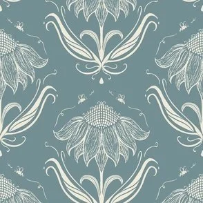 Pattern featuring large, detailed bees and sunflower florals in shades of white and cream on a muted blue background.