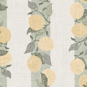 This pattern features hand-drawn lemons with leaves arranged in vertical stripes against a soft, textured background. The color palette includes muted yellows, greens, and soft sage green, creating a calm and vintage-inspired vibe with a linen look.