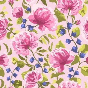 trailing bright pink peony blooms with lime and blue on pink