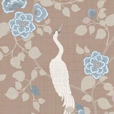 long neck white crane birds on warm pink beige with delicate blue florals and green leaves in a Victorian style design