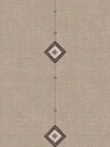 Wallpaper featuring decorative hanging diamond-shaped elements on a beige background.