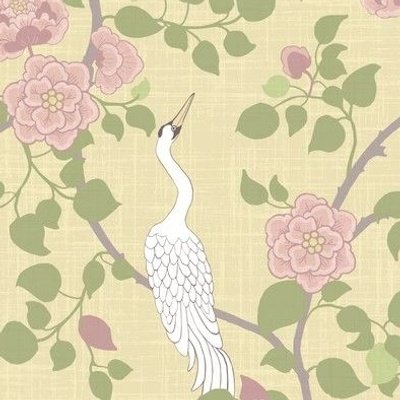 long neck white crane birds on pale butter yellow with delicate pink florals and green leaves in a Victorian style design