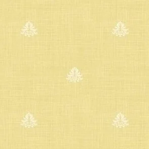 the design features a minimal, symmetrical layout with small, evenly spaced decorative cream botanical elements on a soft butter yellow background. The artistry technique has a wood block impression with a calm, subtle and understated texture.