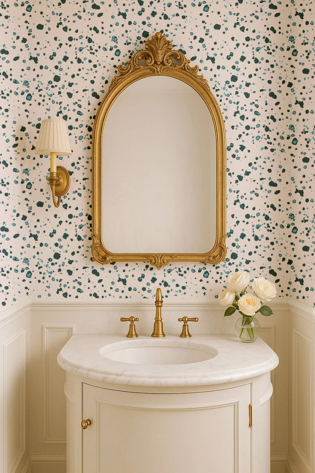 Dusty blue terrazzo-style vinyl wallpaper on a cream background in a small bathroom, featuring an ornate gold framed mirror, brass faucet on a white marble vanity, wall sconce with a pleated shade, and a small vase of white roses.