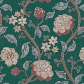 art and craft style large stylized floral on curved lattice with stitching look design with russet red and blue on dark emerald green