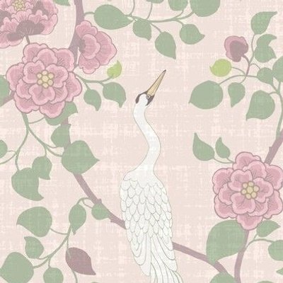 long neck white crane birds on pale pink with delicate pink florals and green leaves in a Victorian style design