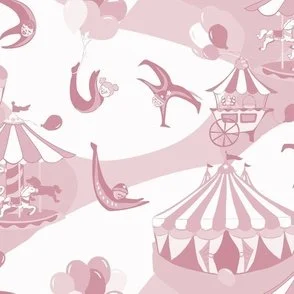 pastel soft cherry red and white circus funhouse design with big top tent, carousel horses and acrobats in spotlights.