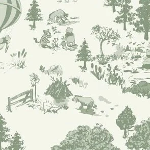 Peel and stick nursery wallpaper with Winnie the Pooh in woodland green toile scenes and hot air balloons on a cream background,