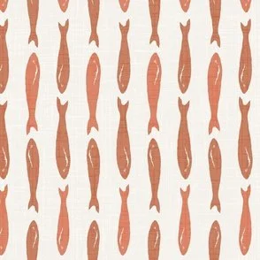 Sardines fish in a vertical pattern in two tone clay terracotta on a creamy background in a mediterranean style wallpaper design