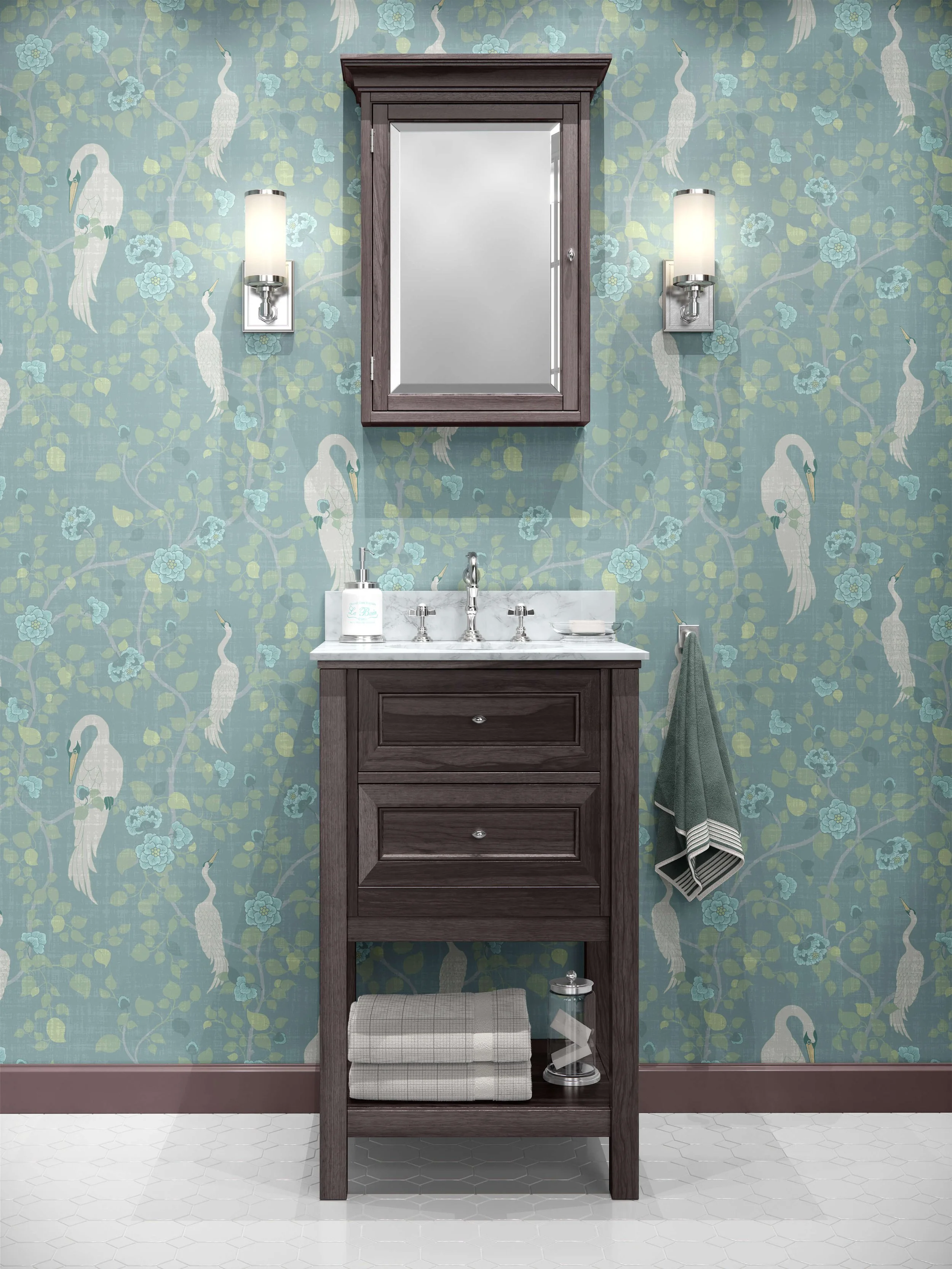 Features Crane birds with Floral design on a pastel blue background in antique vintage style with dark wooden bathroom cabinet and dark muted blue hanging towel