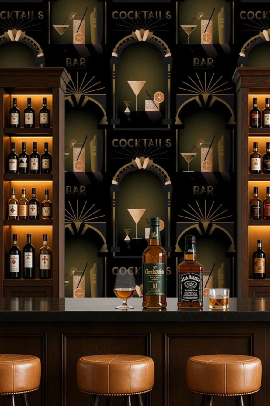 Peel and stick Art Deco New York style cocktail bar wallpaper in black and gold behind a rich wood home bar, with illuminated bottle shelves and tan leather bar stools, creating a moody lounge-style entertaining interior.