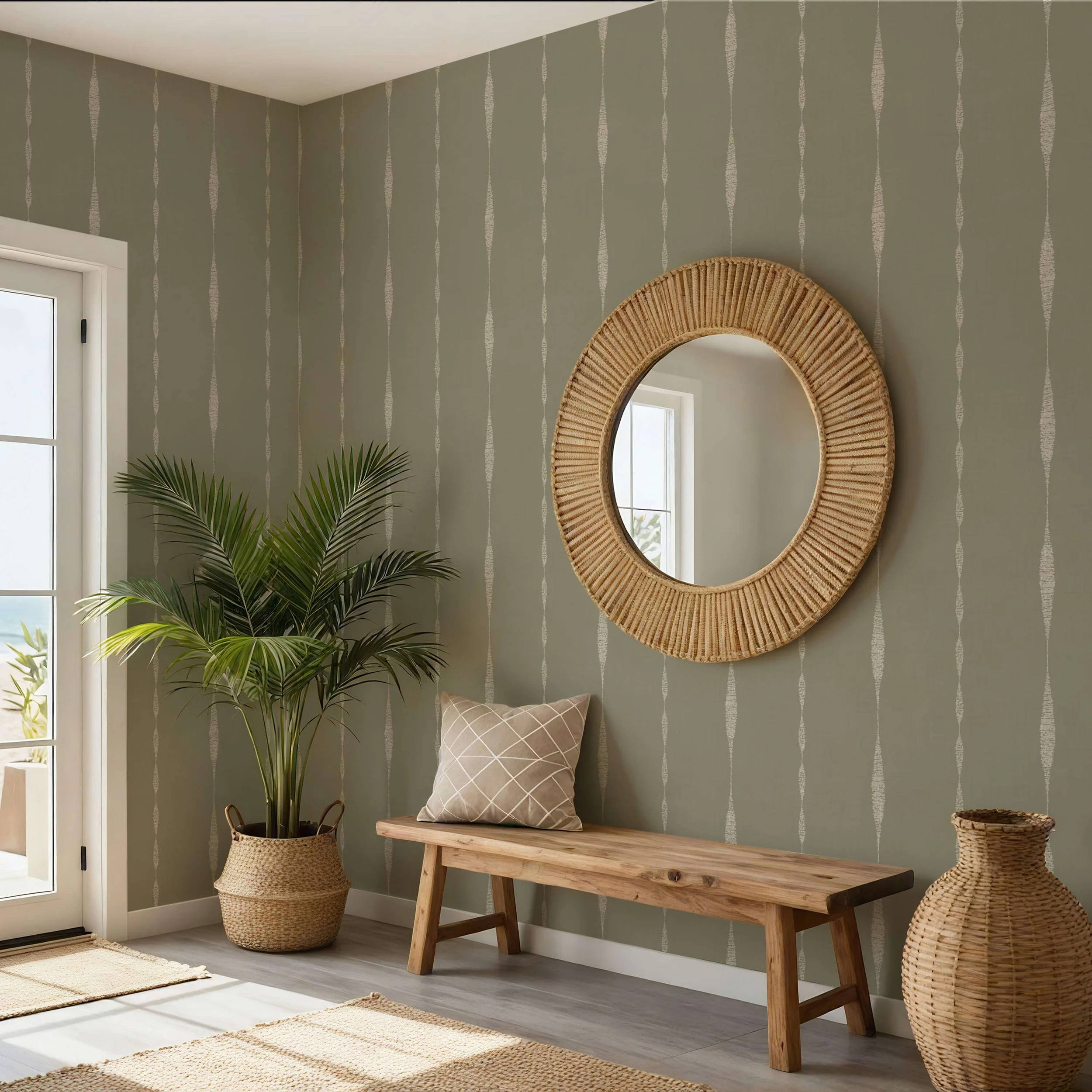 Wallpaper in soft sage green with vertical organic shapes, styled in a coastal or boho southwestern entryway featuring natural wood bench, woven basket planters, and a round rattan mirror reflecting soft natural light.