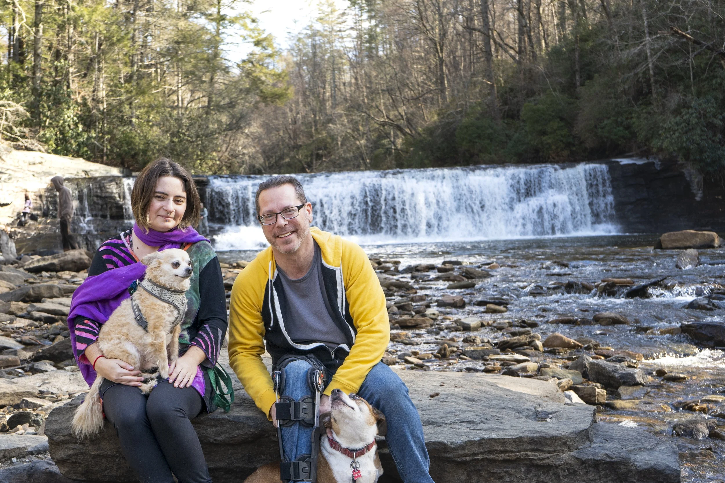 A couple with two dogs sitting on rocks by a waterfall in a forested area.