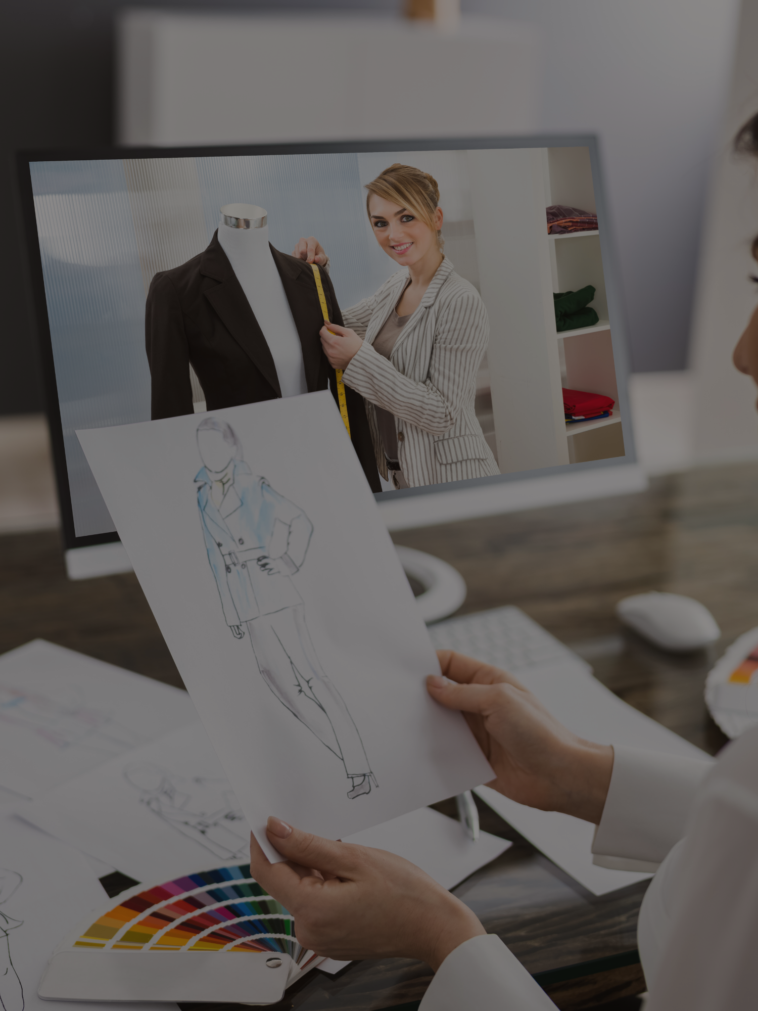 A person holding a fashion sketch next to a computer screen displaying a video call with a fashion designer, who is measuring a blazer on a tailor's dummy, with color swatches on the desk.