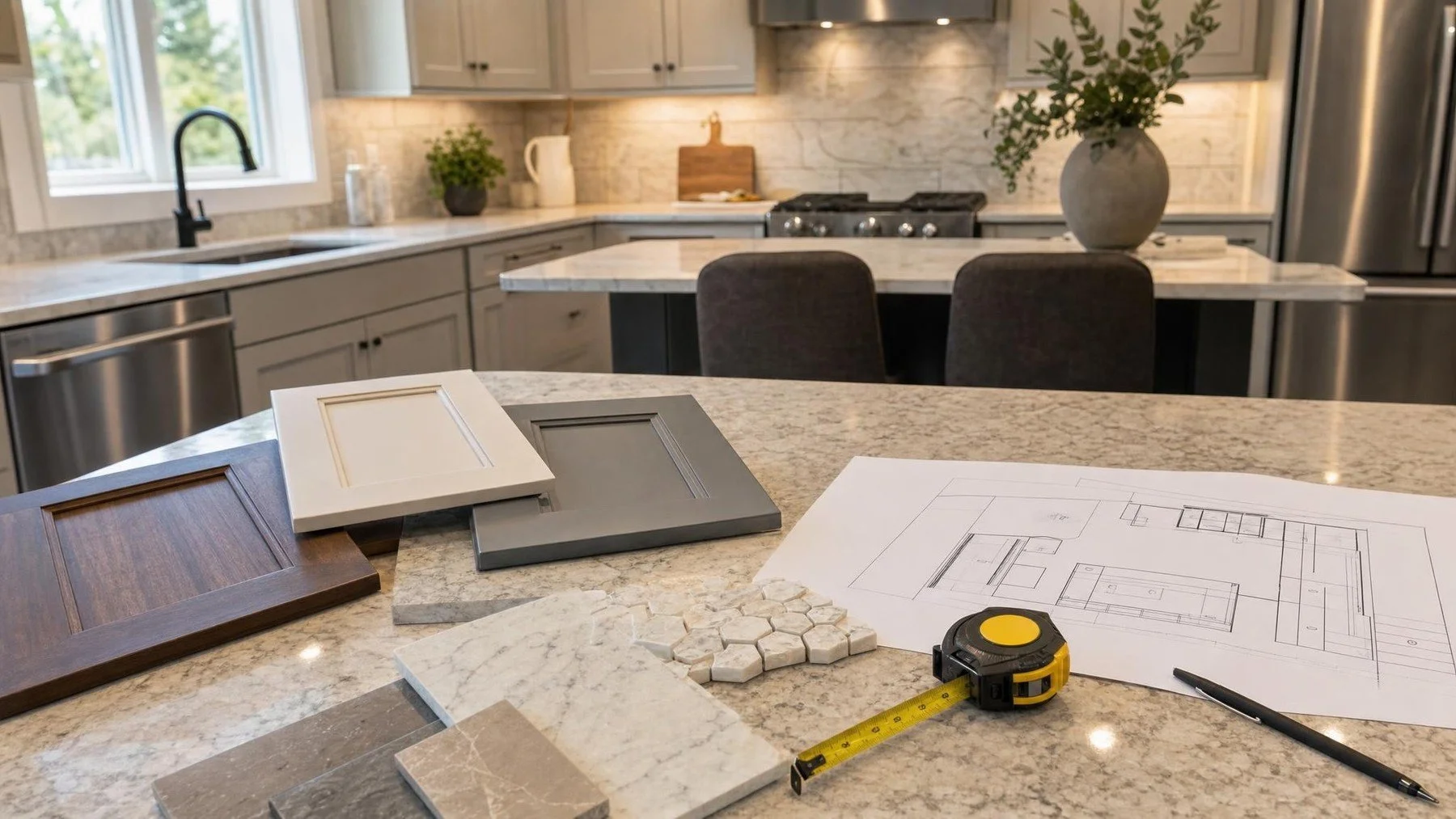 Burlington kitchen renovation planning table with room drawings, cabinet samples, and appliance information