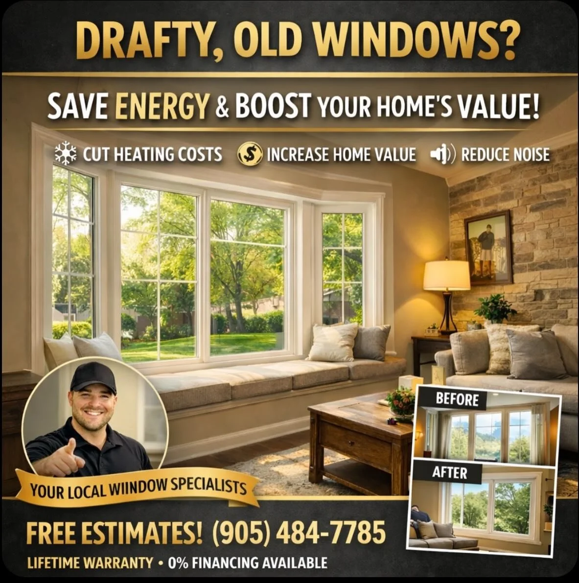 Thinking about replacing your windows?

New energy-efficient windows can help make your home:

&bull; Warmer in winter
&bull; Cooler in summer
&bull; Quieter year-round
&bull; More energy efficient

If you&rsquo;d like to explore options, we offer fr