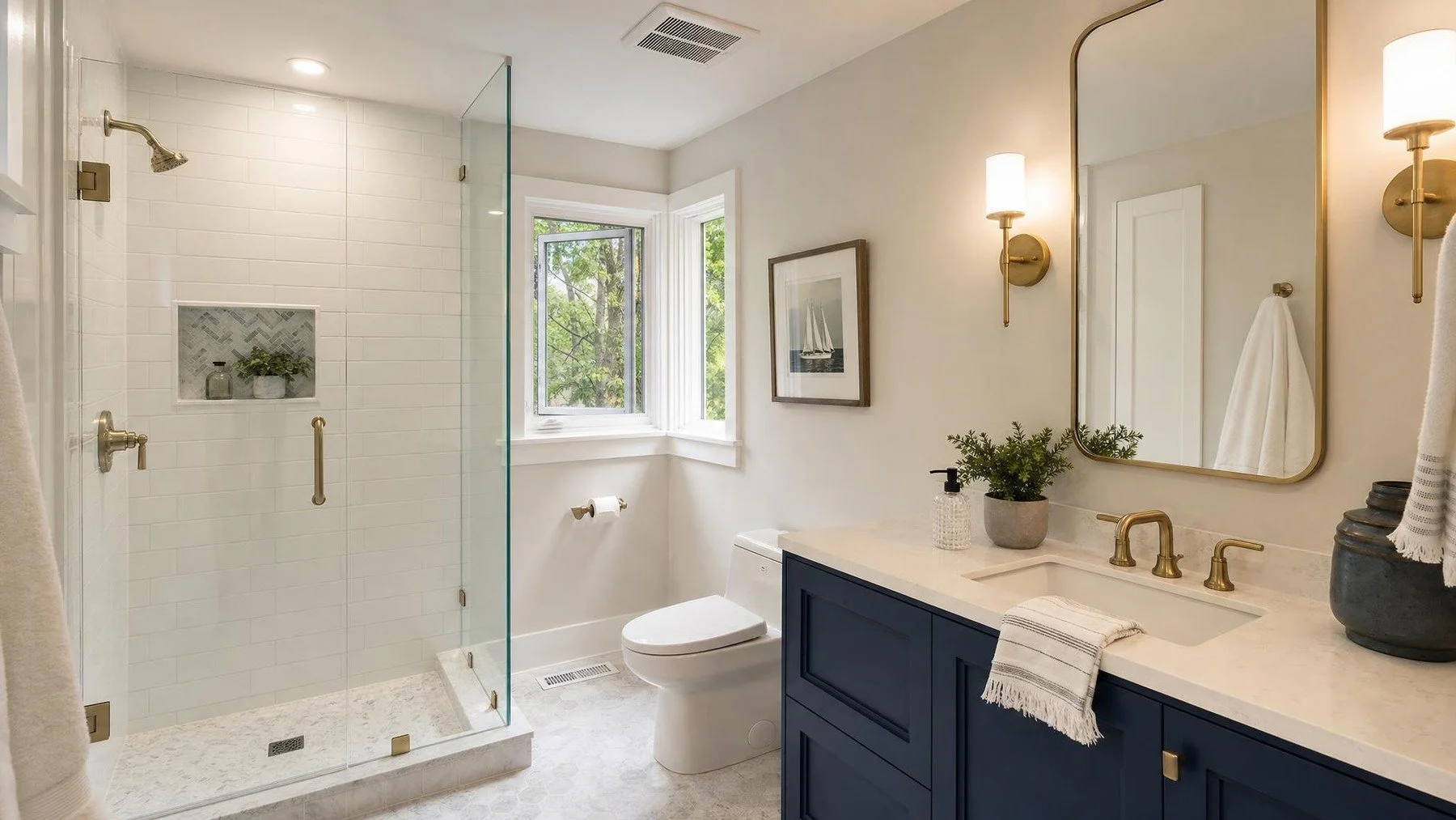 Bathroom ventilation planning with ceiling exhaust vent in a renovated Oakville bathroom