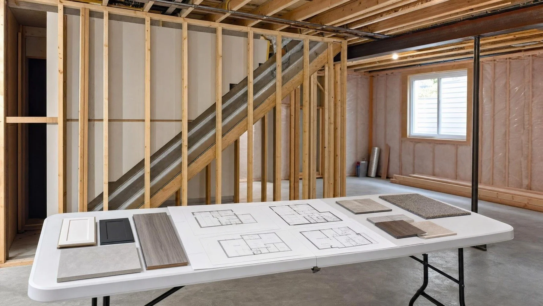 Milton basement renovation planning scene with open service review, layout drawings, and finished living zones