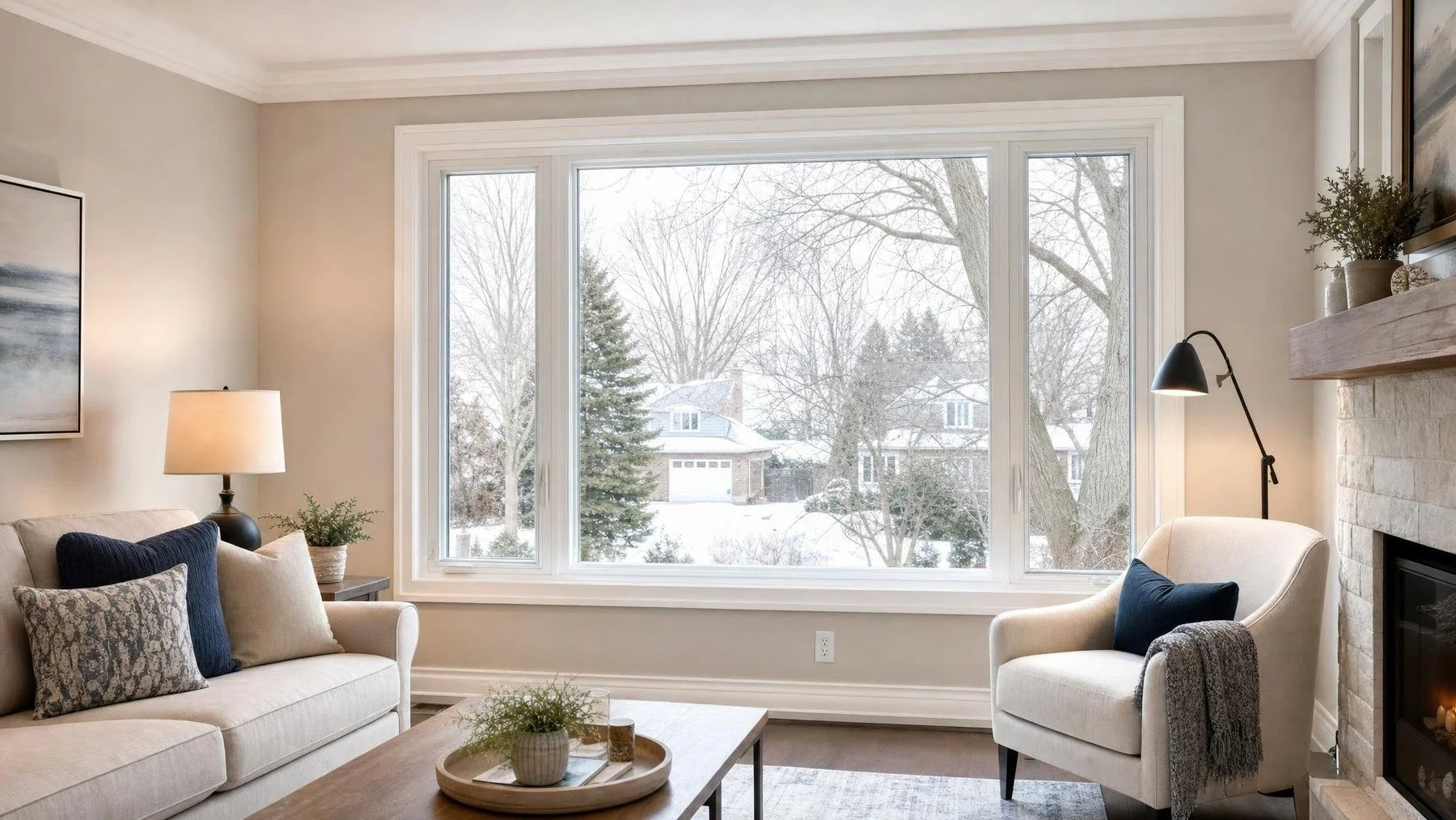 Bright Oakville living room with a large insulated-glass window overlooking a snowy street