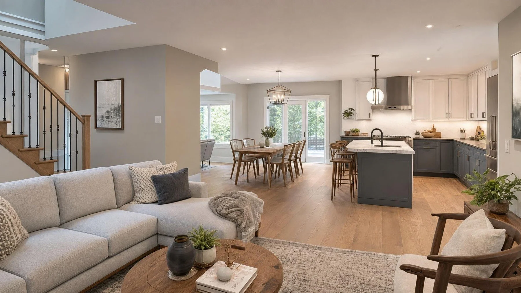 Mississauga whole home renovation planning with connected kitchen, living area, stairs, and phased construction drawings
