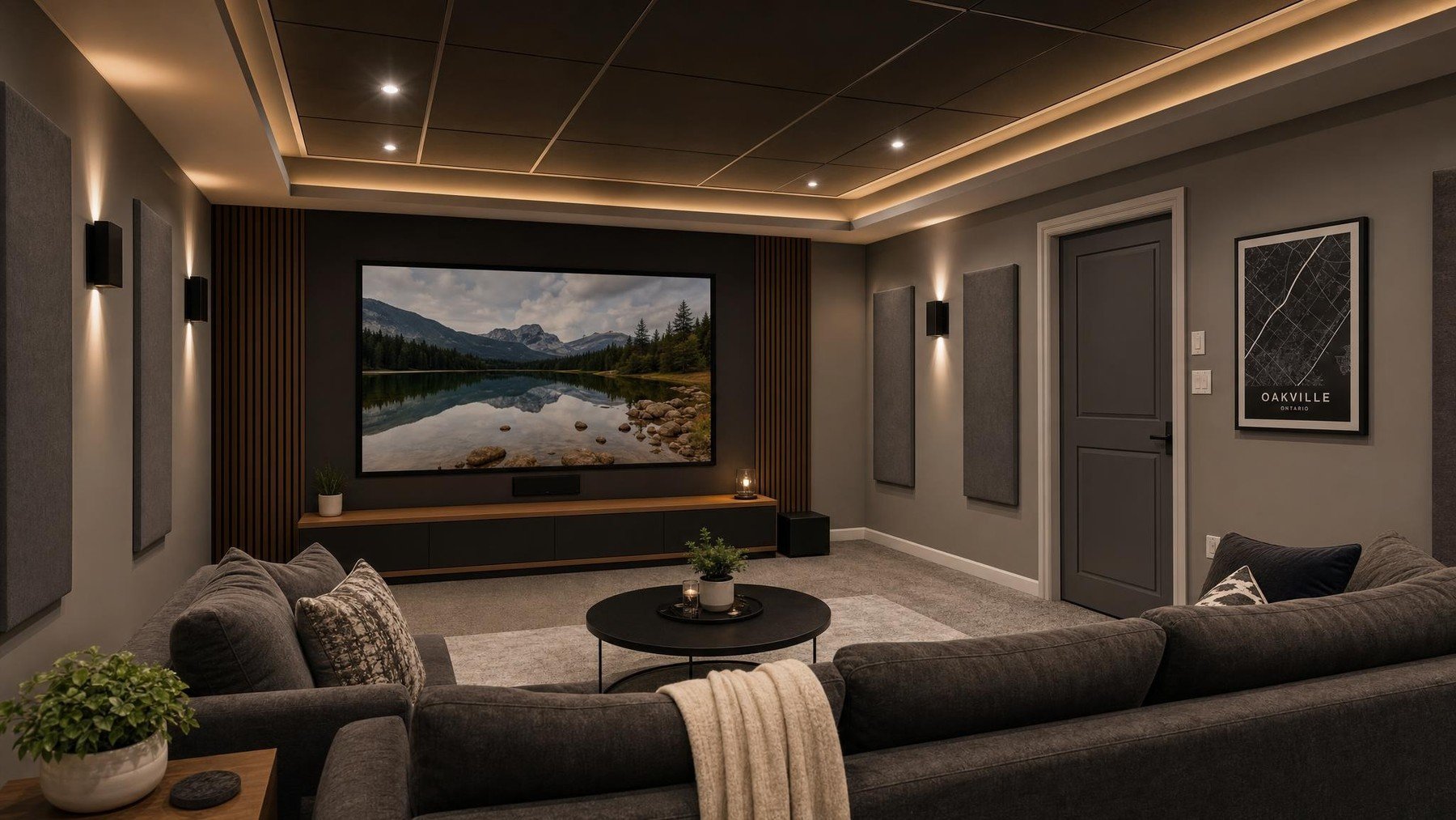 A finished Oakville basement home theatre with insulated ceiling and acoustic wall treatments