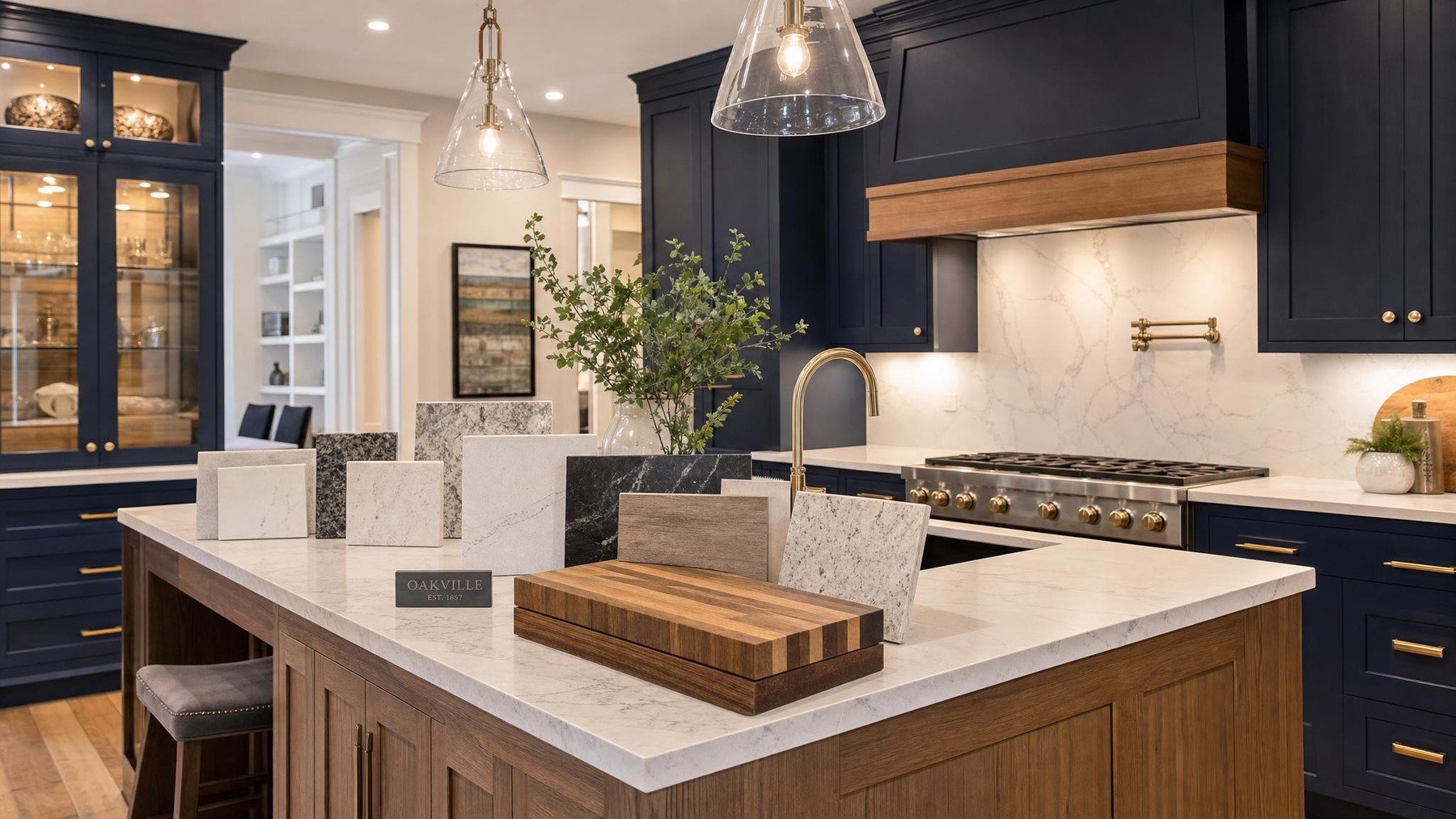Quartz and natural stone kitchen countertop materials in a renovated Oakville home