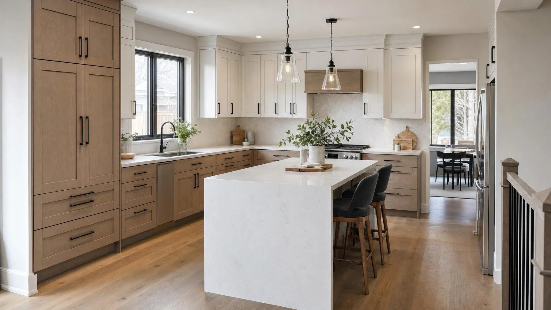 Oakville kitchen planning scene with cabinetry elevations, appliance positions, and practical storage zones