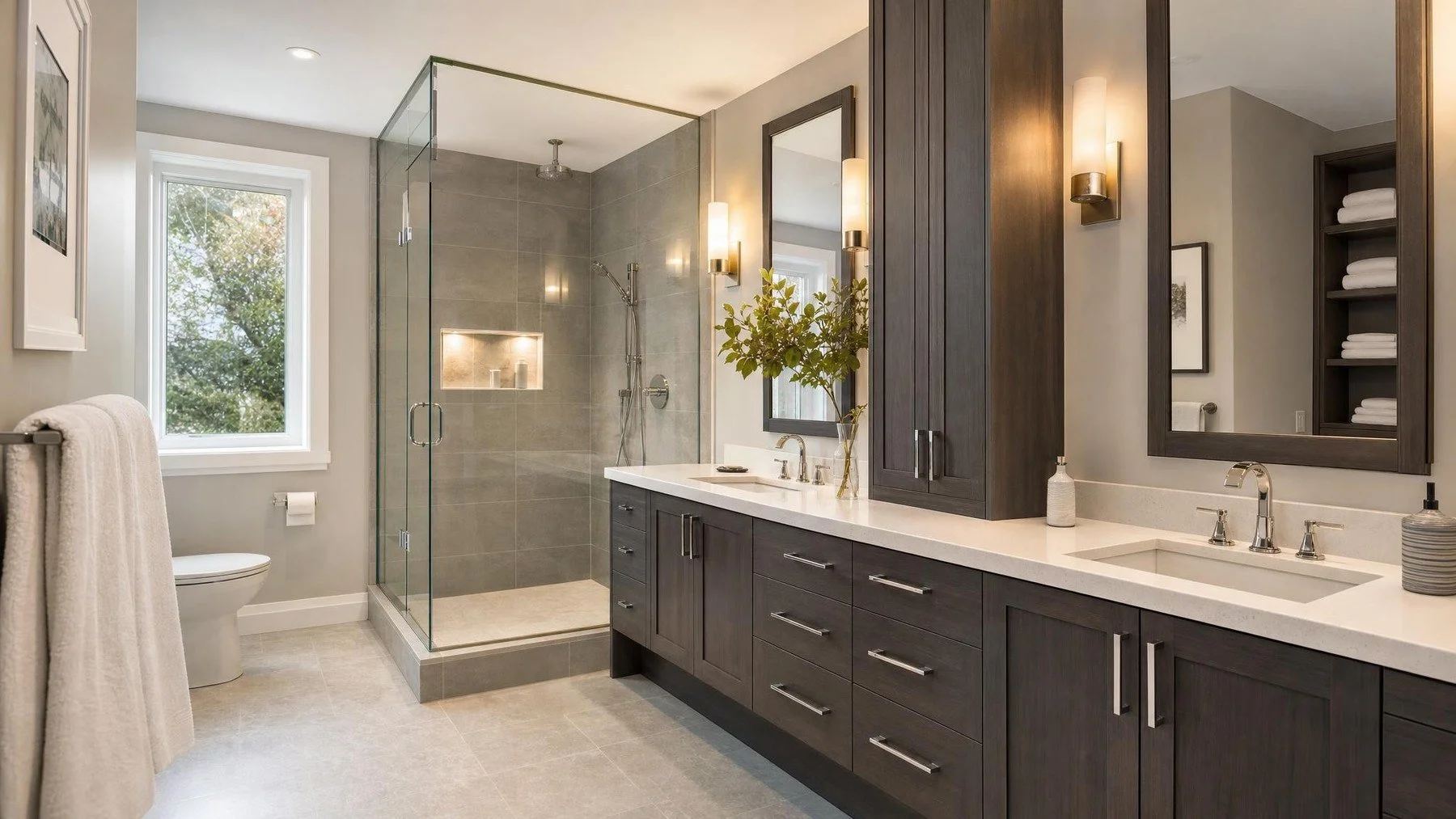 Oakville ensuite bathroom with coordinated vanity, shower, lighting, ventilation, and bedroom connection