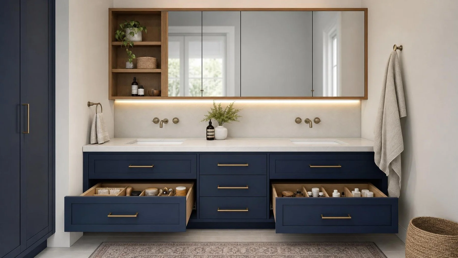 Built-in bathroom vanity drawers and mirrored storage in an Oakville renovation