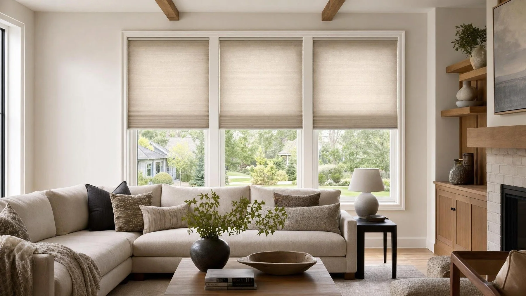 Bright Oakville living room with fitted custom blinds aligned with window trim and furniture layout