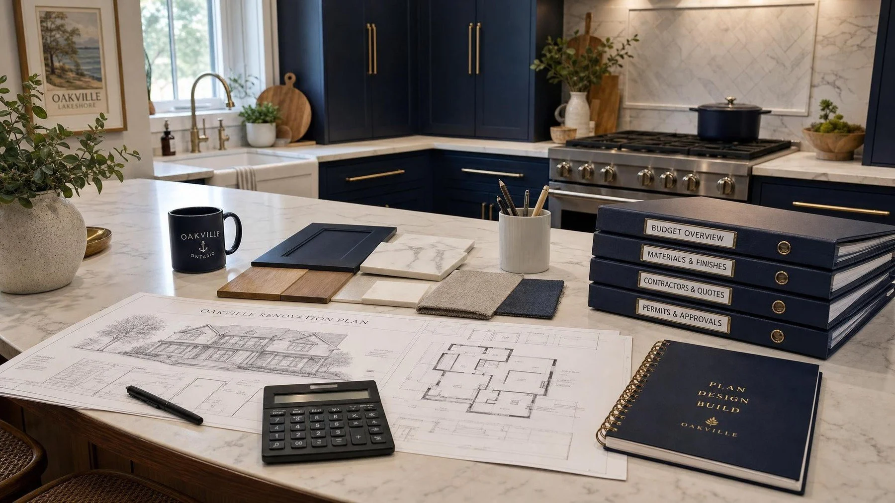 Renovation drawings, material samples, a calculator and budget folders laid out on a kitchen island in an Oakville home