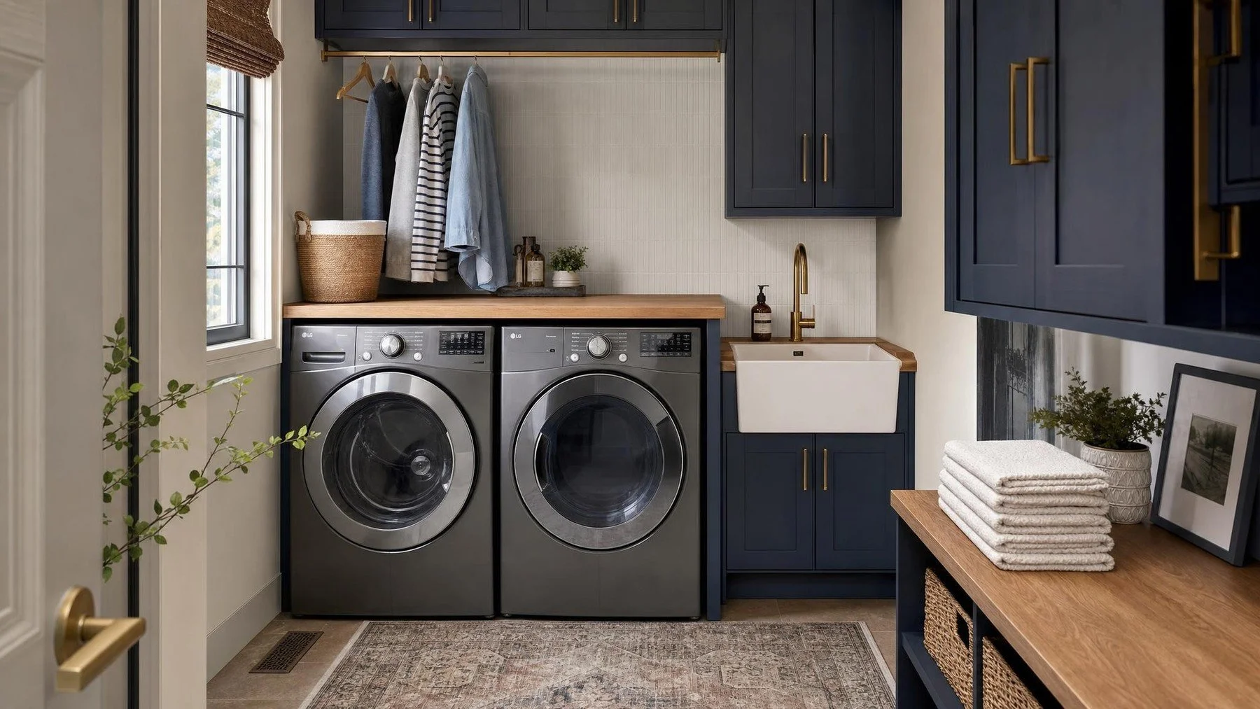 Custom laundry room with dark cabinetry, hanging rail, and built in storage