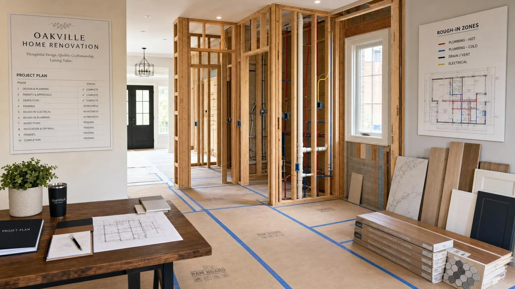 Oakville home renovation in progress with framed walls, protected floors, marked rough-in zones and finish samples beside a project planning table