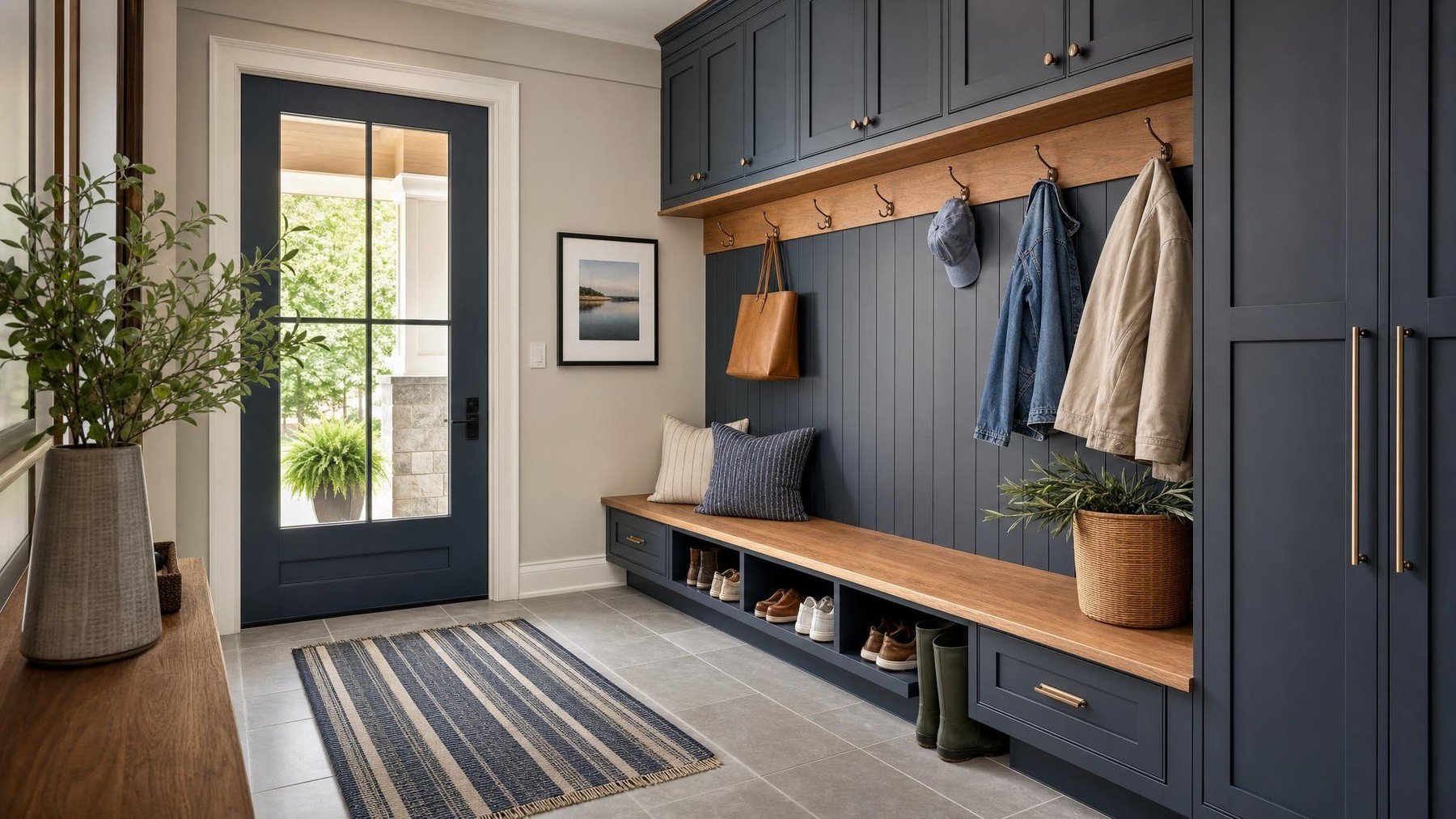 Built-in mudroom bench, cabinets and coat hooks beside an Oakville home entry