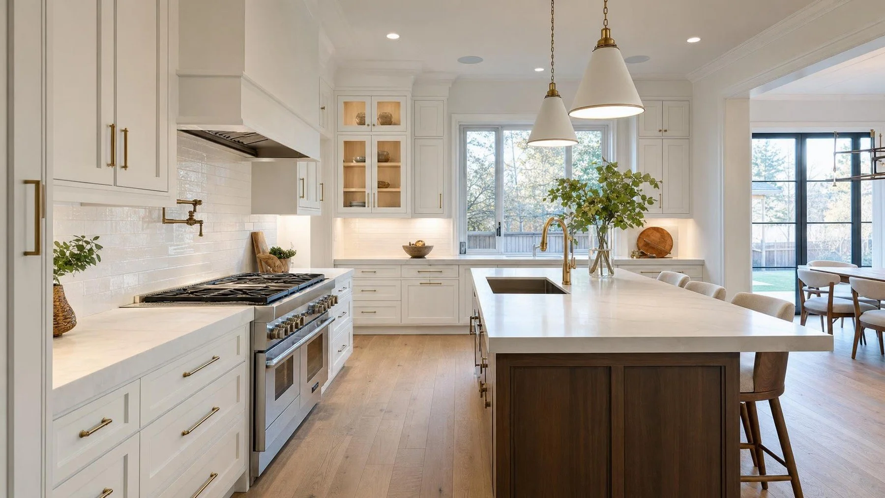 Oakville kitchen island with clear circulation, seating, storage, pendant lighting, and coordinated flooring